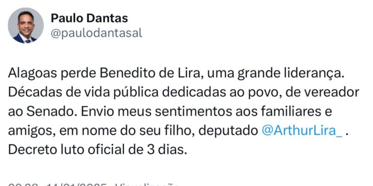 Governador Paulo Dantas lamenta morte de Benedito de Lira e decreta luto oficial de três dias