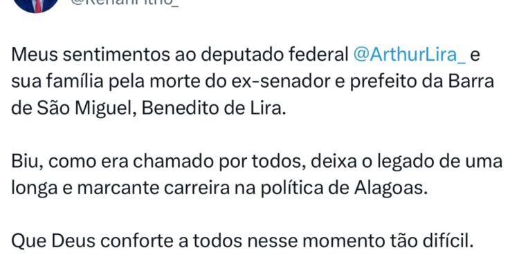 Ministro Renan Filho lamenta a morte de Benedito de Lira, ex-senador e prefeito da Barra de São Miguel